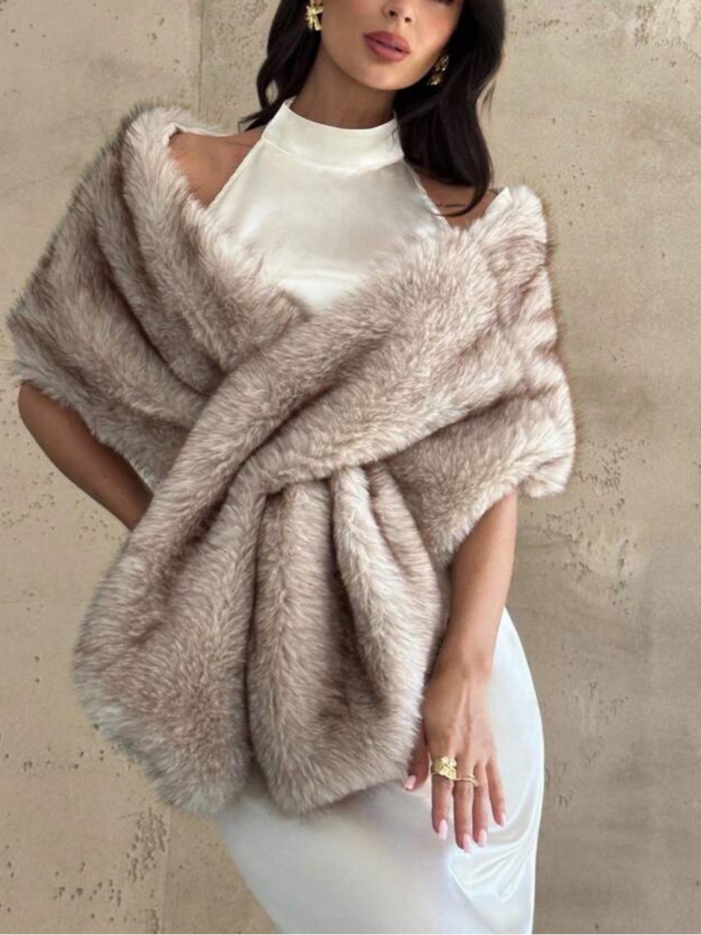 Plush Faux Fur Wrap Shrug in Taupe - Elegant Women's Poncho